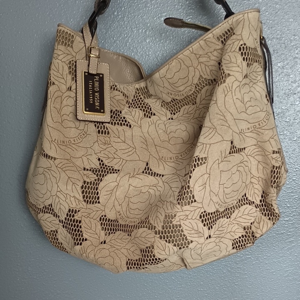 NWOT Plinio Visona Cream and Brown Hobo Bag with Modern Camouflage Design